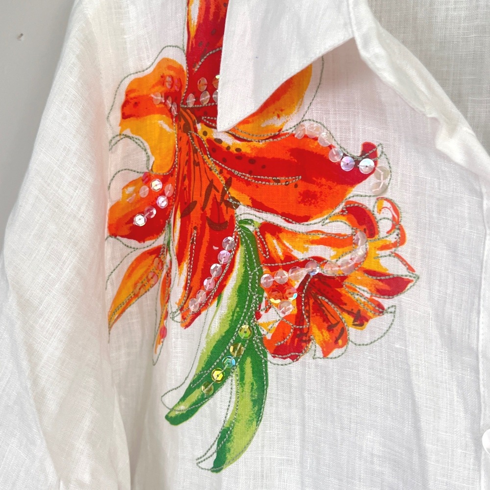 Carole Little Linen Button Down Top 2X Floral Sequin White Lily Coastal Grandma - Picture 8 of 8